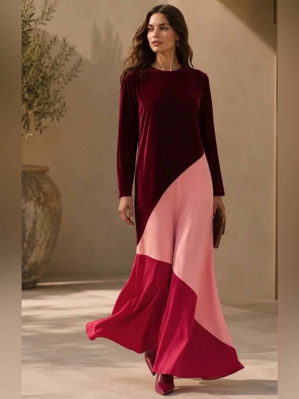 Tuckernuck Red Velvet Pink Silk Blend Maxi Dress Size XS Color block